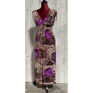 NWT V-Neck Wild Roses Cheetah Purple Rose Stretch Maxi Dress Sundress L #20
